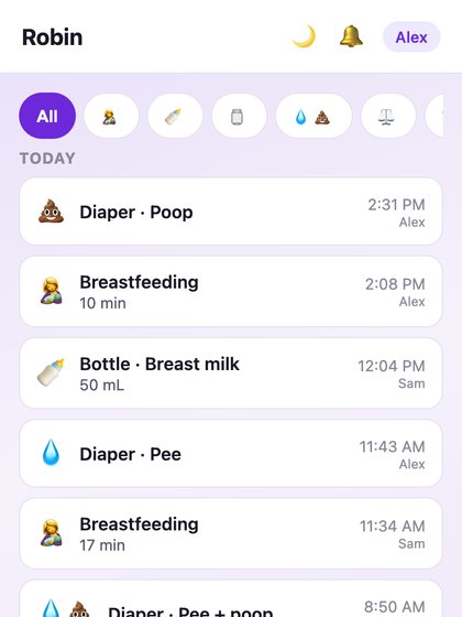 SonoraSmiles timeline of logged feeds and diapers