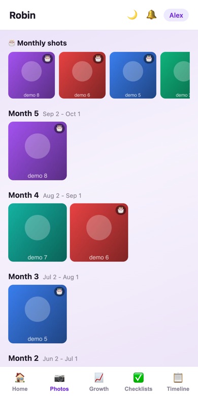 Photo gallery grouped by baby-month with monthly-shot badges